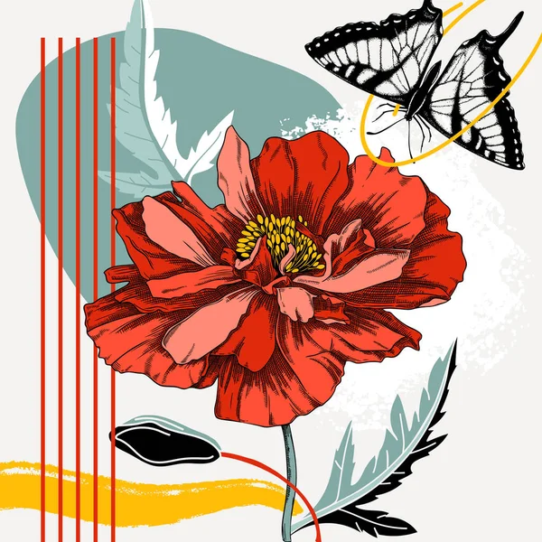 コラージュスタイルのポピーベクトルイラスト 手描きの春の花や蝶 幾何学的な形状 抽象的な要素とトレンディなデザイン ポスター カード 壁アート カードに最適です — ストックベクタ