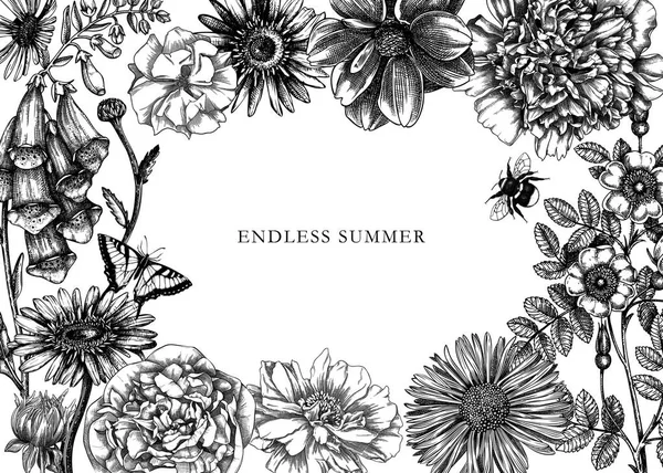 Yaz çiçekleri vektör çerçevesi. Elle çizilmiş bahçe bitkileriyle. Çiçek afişi, kart ya da düğün davetiyesi tasarım şablonu. Botanik çizimler. Çiçek siyah ana hatları arkaplan.