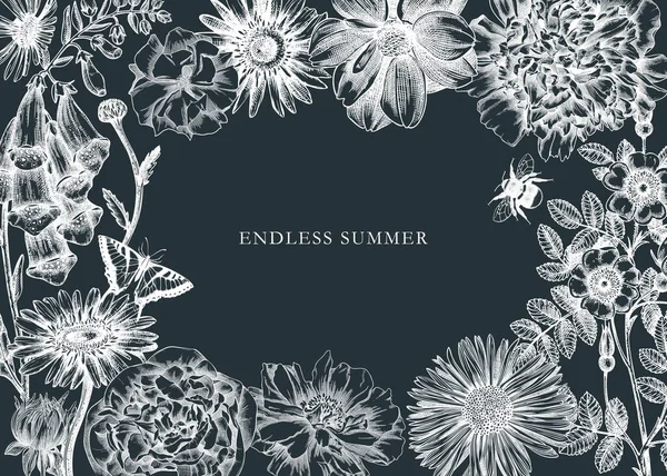 Tahtadaki yaz çiçekleri çerçevesi. Klasik tarzda elle çizilmiş bahçe bitkileri. Tebrik kartları, pankartlar ve davetiyeler için mükemmel. Çiçek hatlı vektör botanik çizimi.