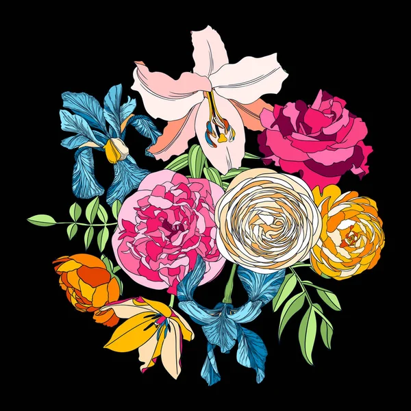 Vector Arrangieren Mit Sommerblumen Tulpen Iris Rose Lilie Hahnenfuß Pfingstrose — Stockvektor