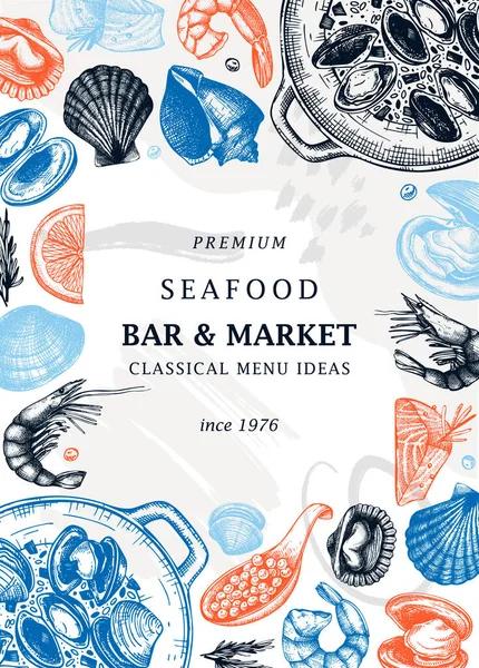 Hand Drawn Seafood Fish Trendy Menu Template Hand Sketched Cooked — Vetor de Stock