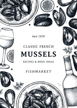 Tabakta midye, otlar ve şarap illüstrasyonu. Kabuklu deniz ürünleri ve deniz ürünleri restoran menüsü tasarımı. El çizimi midyeler eskiz pankartı veya kart şablonu klasik tarzda