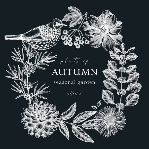 Ручной эскиз осеннего дизайна с птицами. Элегантный ботанический квадратный шаблон с осенними листьями, ягодами, цветами и птичьими набросками на доске. Перфект для приглашений, открыток, листовок, меню, этикеток.