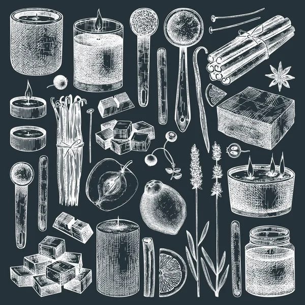 Velas Aromáticas Dibujadas Mano Ingredientes Establecidos Pizarra Ilustraciones Vectoriales Velas — Archivo Imágenes Vectoriales