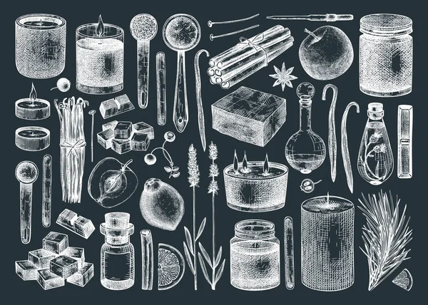 Bougies Aromatiques Esquissées Main Ingrédients Fixés Sur Tableau Illustrations Vectorielles — Image vectorielle