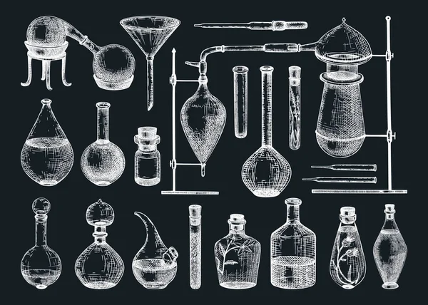 Colección Equipos Vidrio Dibujado Mano Para Fabricación Perfumería Cosméticos Ilustración — Archivo Imágenes Vectoriales