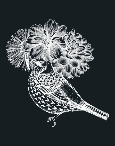 Ručně Kreslený Pták Ilustrací Podzimních Květin Tabuli Podzimní Design Ptáky — Stockový vektor