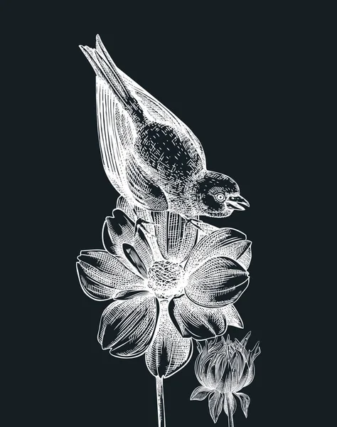 Pájaro Dibujado Mano Con Ilustración Flores Otoño Pizarra Diseño Otoño — Archivo Imágenes Vectoriales