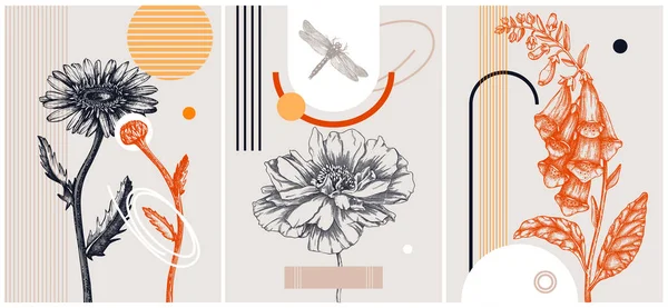 流行的拼贴风格夏花卡片设计 带有花卉草图的抽象和简约的插图 带有几何图形和用于墙体艺术 印刷品 邀请函的植物学元素 — 图库矢量图片