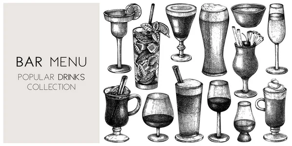 手描きのドリンクの背景 エレガントなガラスの中で人気の飲料とベクトルバナー 人気のドリンクヴィンテージハンドドローイング スケッチスタイルのバーまたはレストランメニューテンプレート — ストックベクタ