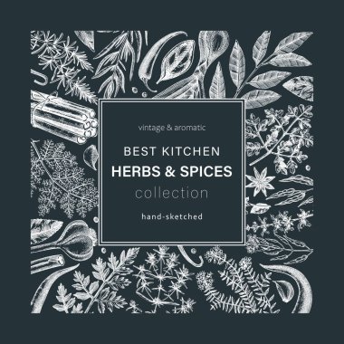 El yapımı otlar ve baharat çelenkleri. Elle çizilmiş yemek kartı, karatahta antika aromalı bitkilerin el çizimi. Mönü veya pankartlar için çizilmiş biçimle mutfak otları ve baharat çerçeve şablonu