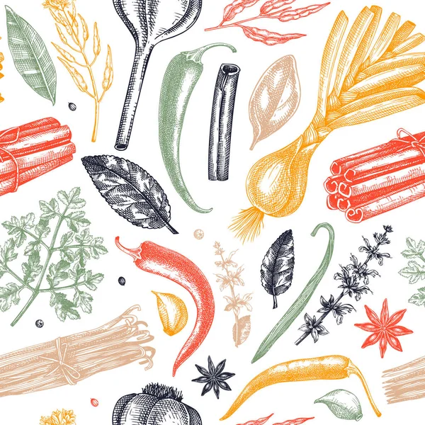 手绘草药和香料素描背景 手绘素描食物背景的色彩 古色古香植物无缝图案 素描风格 厨房香料和草药面料的设计 — 图库矢量图片
