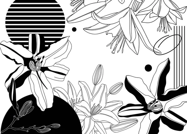 Illustration Vectorielle Lys Style Collage Fleurs Noires Croquis Main Design — Image vectorielle
