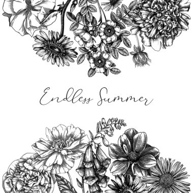 Eski tarz yaz çiçekleri kartı. Elle çizilmiş bahçe bitkileri çerçeve tasarımı. Tebrik kartları, düğün davetiyeleri ve pankartlar için mükemmel. Çiçekli çizimlerle el çizimi botanik çizimi.