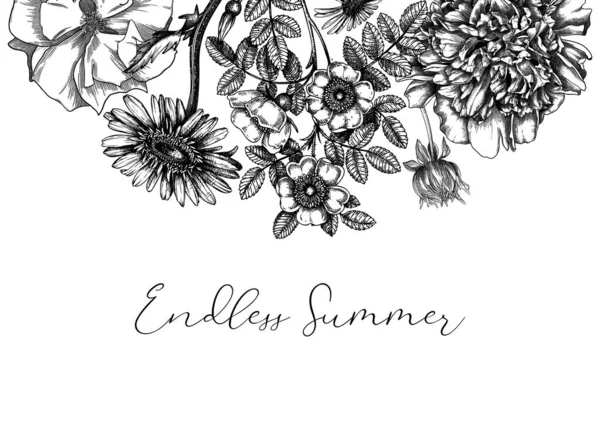 Summer Flowers Border Vintage Style Hand Sketched Garden Plants Frame — Stock Vector