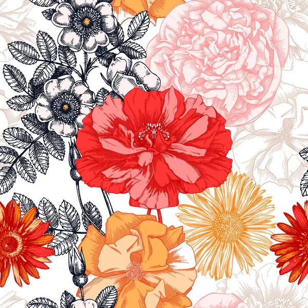 Flores Verano Patrón Sin Costuras Plantas Jardín Dibujadas Mano Fondo — Vector de stock