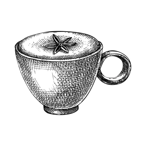 Sabah Kahvesi Skeci Çizilmiş Içki Çizimi Aromatik Kapuçinolu Fincanın Vektör — Stok Vektör