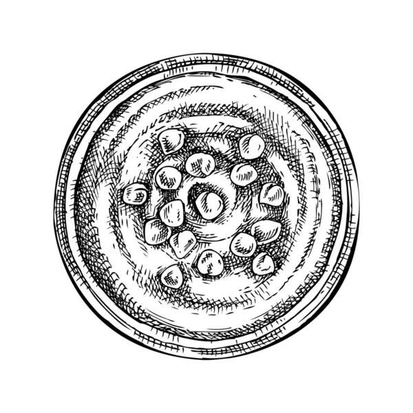フムスヴィンテージのドローイング 地中海料理のスケッチ 白を基調としたビーガンフードイラスト 皿の中に手描きのフムス メニュー レシピ またはパッケージデザインのベクトル図面 — ストックベクタ