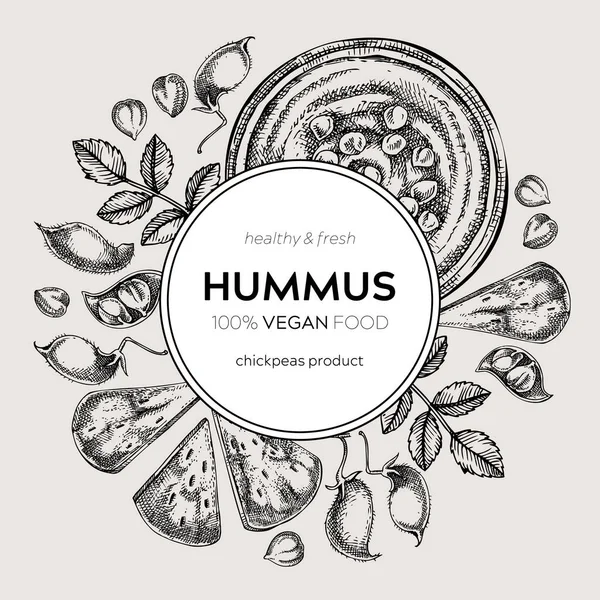 Hummus Krans Vintage Design Mediterraans Eten Ingrediënten Planten Pita Schetsen — Stockvector