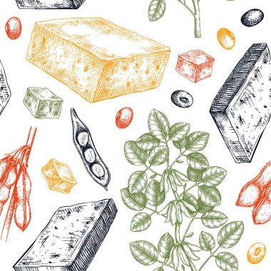 Tofu dikişsiz desen. Çizilmiş vejetaryen yemek arkaplanı. Geleneksel Asya gıda malzemeleri. Tofu, soya fasulyesi, soya bitkisi ambalaj, ambalaj kağıdı ve ürün tasarımı için arka plan