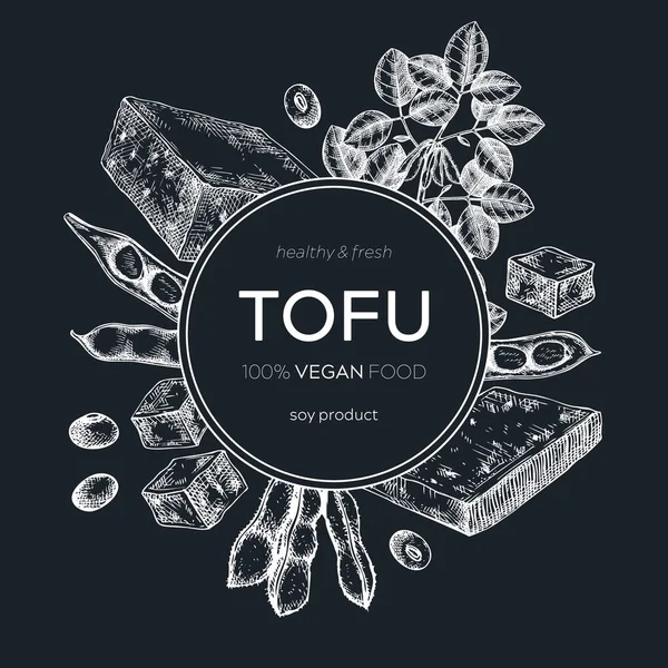 Tofu Krans Ontwerp Schoolbord Getekende Veganistische Vectorvoedsel Achtergrond Traditionele Aziatische — Stockvector