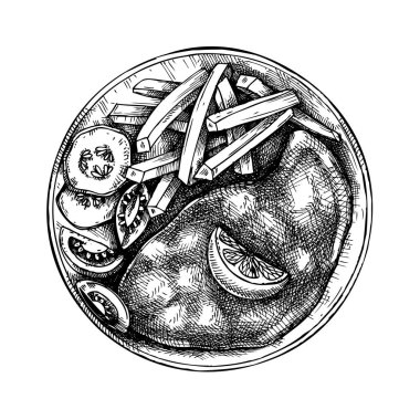 Şnitzel ve patates kızartması. Alman yemeği skeci. Oktoberfest menü tasarımı. Ekim Festivali için elle çizilmiş yemek çizimi. Geleneksel Alman festivali yemekleri. Sosis Şnitzel. 