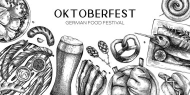 Alman yemek geçmişi. Oktoberfest menü tasarımı. Vektör et yemekleri taslakları. Alman mutfağı afişi klasik tarzda. Geleneksel Yemek Festivali illüstrasyonu. Siyah ve beyaz şablon
