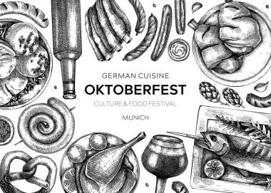 Alman yemek geçmişi. Oktoberfest menü tasarımı. Vektör et yemekleri taslakları. Alman mutfağı afişi klasik tarzda. Geleneksel Yemek Festivali illüstrasyonu. Siyah ve beyaz şablon