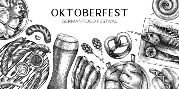 Alman yemek geçmişi. Oktoberfest menü tasarımı. Vektör et yemekleri taslakları. Alman mutfağı afişi klasik tarzda. Geleneksel Yemek Festivali illüstrasyonu. Siyah ve beyaz şablon