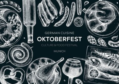 Kara tahtada Alman yemek geçmişi. Oktoberfest menü tasarımı. Vektör et yemekleri taslakları. Alman mutfağı afişi klasik tarzda. Geleneksel Yemek Festivali illüstrasyonu. Bira el çizimi.