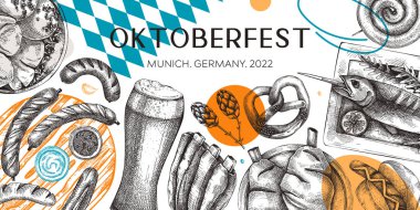 Alman yemek geçmişi kolaj tarzında. Oktoberfest menü trend tasarımı. Vektör et tabakları çizimleri ve geometrik şekiller. Alman mutfağı modern afişi. Geleneksel Yemek Festivali illüstrasyonu. 