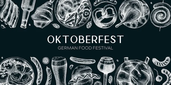 Kara tahtada Alman yemek geçmişi. Oktoberfest menü tasarımı. Vektör et yemekleri taslakları. Alman mutfağı afişi klasik tarzda. Geleneksel Yemek Festivali illüstrasyonu. Bira el çizimi.