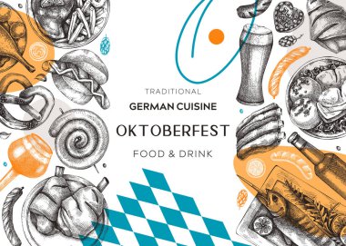 Alman yemek geçmişi kolaj tarzında. Oktoberfest menü trend tasarımı. Vektör et tabakları çizimleri ve geometrik şekiller. Alman mutfağı modern afişi. Geleneksel Yemek Festivali illüstrasyonu. 