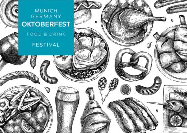 Alman yemek geçmişi. Oktoberfest menü tasarımı. Vektör et yemekleri taslakları. Alman mutfağı afişi klasik tarzda. Geleneksel Yemek Festivali illüstrasyonu. Siyah-beyaz restoran şablonu