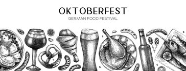 Alman yemek geçmişi. Oktoberfest menü tasarımı. Vektör et yemekleri taslakları. Alman mutfağı afişi klasik tarzda. Geleneksel Yemek Festivali illüstrasyonu. Siyah-beyaz restoran şablonu