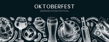 Kara tahtada Alman yemek geçmişi. Oktoberfest menü tasarımı. Vektör et yemekleri taslakları. Alman mutfağı afişi klasik tarzda. Geleneksel Yemek Festivali illüstrasyonu. Bira el çizimi.
