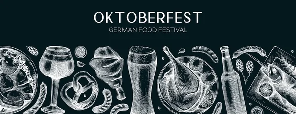 Kara tahtada Alman yemek geçmişi. Oktoberfest menü tasarımı. Vektör et yemekleri taslakları. Alman mutfağı afişi klasik tarzda. Geleneksel Yemek Festivali illüstrasyonu. Bira el çizimi.