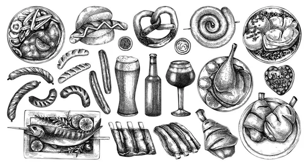传统的德国食品素描收藏 Oktoberfest菜单设计元素 手绘矢量盘绘图集 德国烹饪菜单 黑白食物素描图 — 图库矢量图片