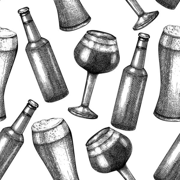 Getekende Bierachtergrond Vintage Stijl Vector Naadloos Patroon Met Bierglazen Fles — Stockvector