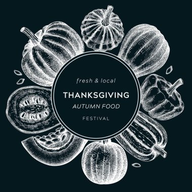 Sketched pumpkin wreath on chalkboard. Thanksgiving day vintage design. Autumn food drawings. Vector vegetables, butternut squash, marrow, pumpkins sketches. Fall Harvest festival card or invitation