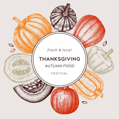Sketched pumpkin wreath in color. Thanksgiving day vintage design. Autumn food drawings. Vector vegetables, butternut squash, marrow, pumpkins sketches. Fall Harvest festival card or invitation