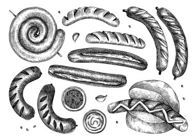 Izgara sosis vintage çizimi. Alman yemeği skeci. Oktoberfest menü tasarım elemanı. Ekim Festivali için el yapımı fast food çizimi. Geleneksel Alman mutfağı eskizi.