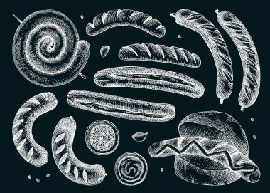 Izgara sosis vintage çizimi. Alman yemeği skeci. Oktoberfest menü tasarım elemanı. Ekim Festivali için el yapımı fast food çizimi. Geleneksel Alman mutfağı eskizi.