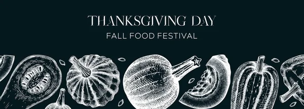 Sketched Pumpkins Banner Chalkboard Thanksgiving Day Vintage Design Autumn Food — Stockový vektor