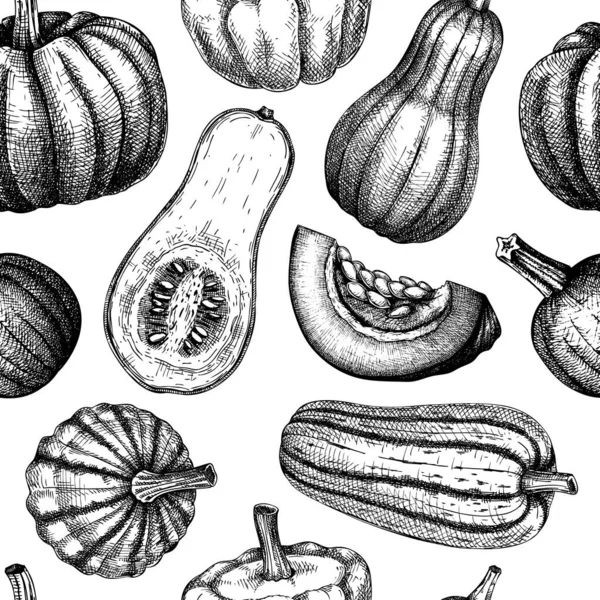 Sketched Pumpkin Seamless Pattern Thanksgiving Day Wall Design Autumn Food — Vettoriale Stock