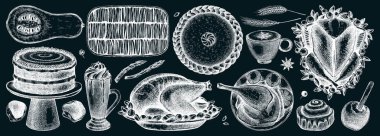 Thanksgiving dinner illustrations. Traditional fall festival food - roasted turkey, cooked vegetables, desserts, cakes, drinks sketches. Sketched autumn food set. Thanksgiving table on ckalkboard