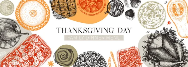 Thanksgiving Dinner Collage Fall Food Drinks Trendy Frame Design Sketched — Vetor de Stock