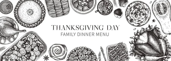 Thanksgiving Dinner Banner Fall Food Drinks Trendy Frame Design Sketched — Vettoriale Stock