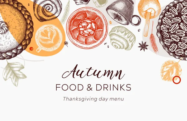 Autumn Desserts Banner Collage Style Thanksgiving Dinner Illustrations Fall Festival — Vector de stock