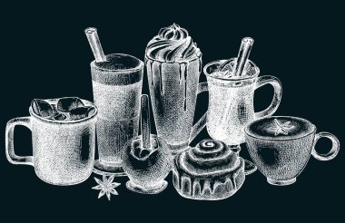 Vector collection of glassware with hot drinks. Sketched autumn drinks drawings. Mulled wine, coffee, hot chocolate, pumpkin latte, mugs, and desserts on chalkboard. Thanksgiving dinner beverages